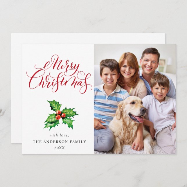 Festive Holly Berry Mistletoe Christmas Greeting Holiday Card (Front/Back)