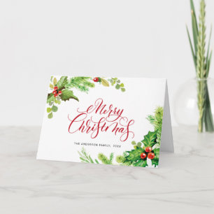 Festive Holly Berry Mistletoe Christmas Greeting Holiday Card