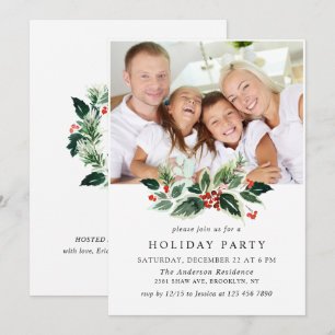 Festive Holly Berry PHOTO Holiday Christmas Party Invitation