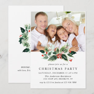Festive Holly Berry PHOTO Holiday Christmas Party Invitation