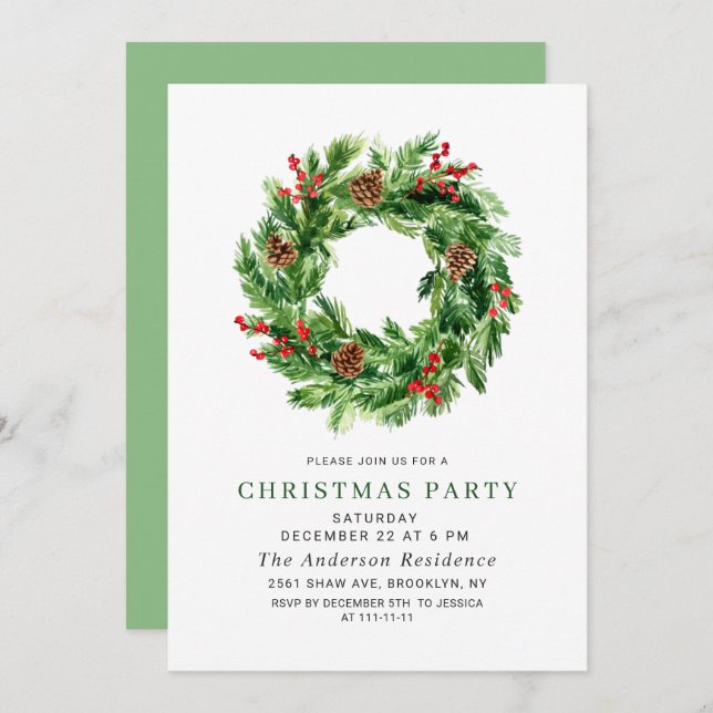 Festive Holly Berry Pine Wreath Christmas Party Invitation (Front/Back)