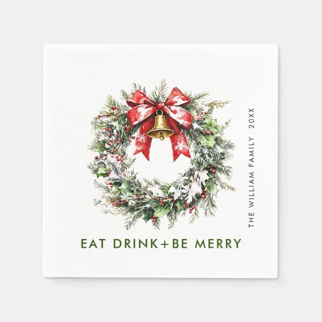 Festive Holly Berry Pine Wreath Christmas Party Napkin (Front)
