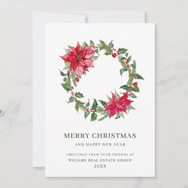 Festive Holly Berry Poinsettia Christmas Corporate Holiday Card (Front)