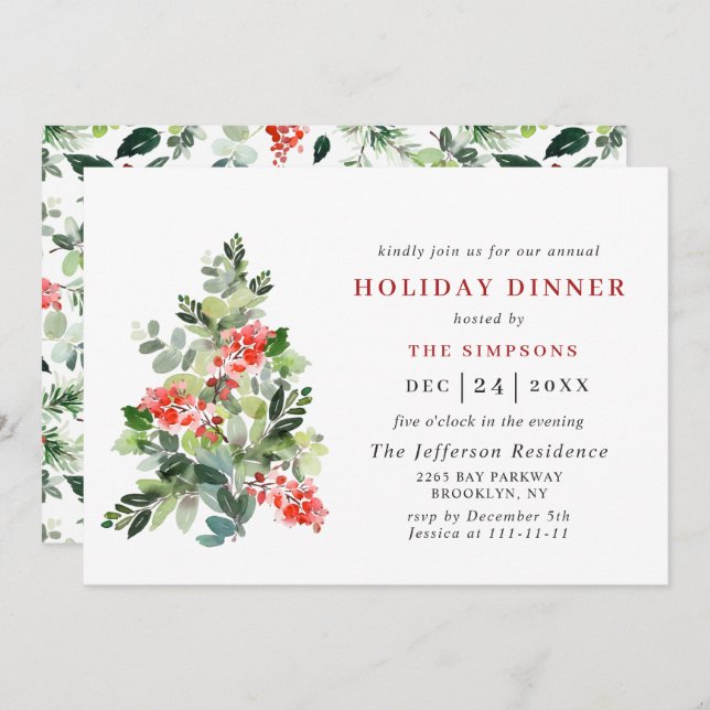 Festive Holly Berry Tree CHRISTMAS HOLIDAY DINNER Invitation (Front/Back)