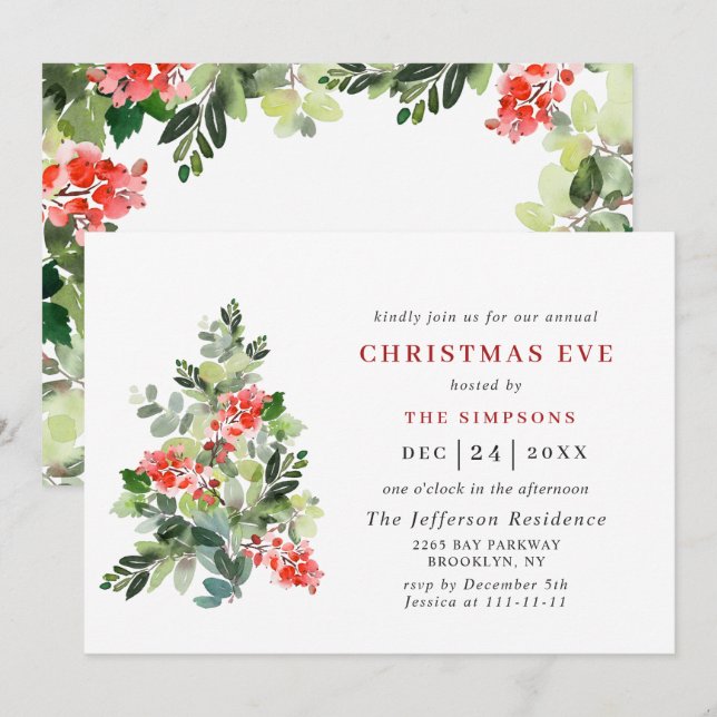 Festive Holly Berry Tree HOLIDAY CHRISTMAS EVE Invitation (Front/Back)