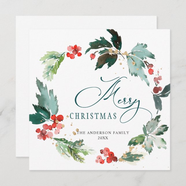 Festive Holly Berry Wreath Christmas Greeting Holi Holiday Card (Front/Back)