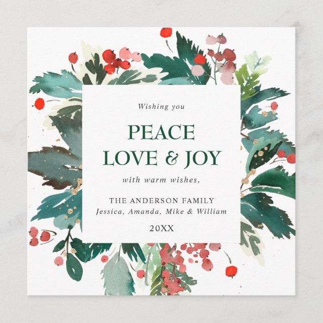 Festive Holly Berry Wreath Christmas Greeting Holiday Card (Front)