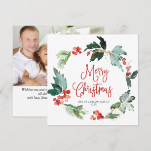 Festive Holly Berry Wreath Christmas PHOTO Holiday Card