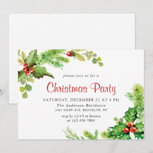 Festive Holly Berry Wreath Holiday Christmas Party Invitation