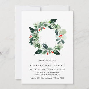 Festive Holly Berry Wreath Holiday Christmas Party Invitation
