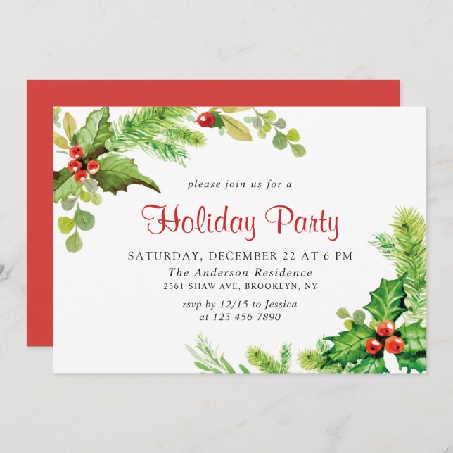 Festive Holly Berry Wreath Holiday Christmas Party Invitation (Front/Back)