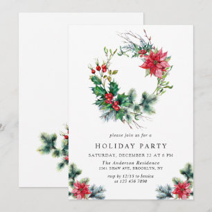 Festive Holly Berry Wreath Holiday Christmas Party Invitation