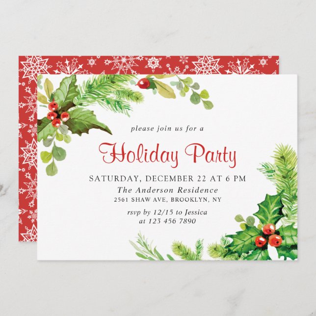 Festive Holly Berry Wreath Holiday Christmas Party Invitation (Front/Back)