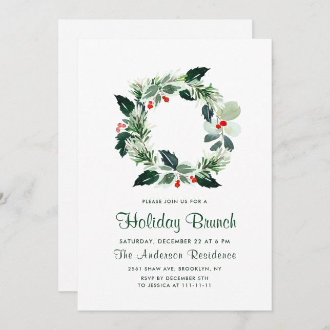 Festive Holly Berry Wreath Holiday Christmas Party Invitation (Front/Back)