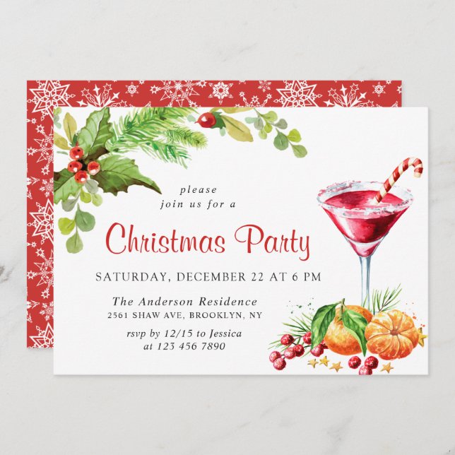 Festive Holly Berry Wreath Holiday Christmas Party Invitation (Front/Back)