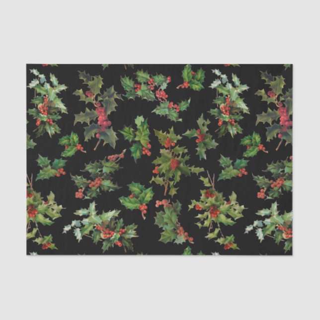 Festive Holly Black Background Tissue Paper (Front)