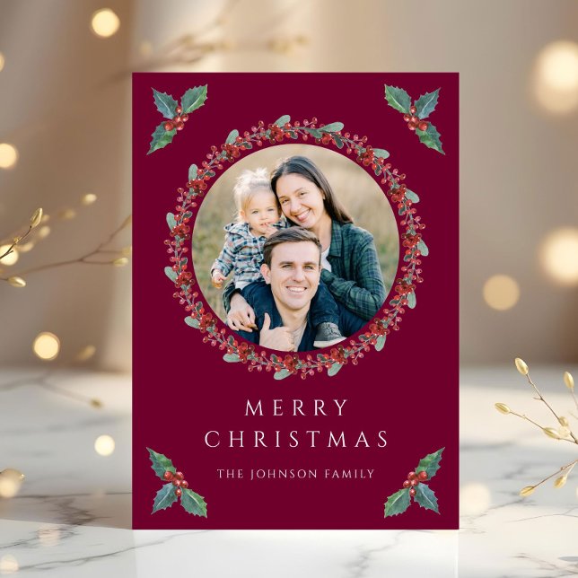Festive Holly Botanical Greenery Photo Christmas Holiday Card (Festive Holly Botanical Greenery Photo Christmas Holiday Card)
