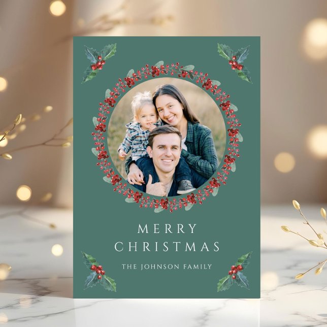 Festive Holly Botanical Greenery Photo Christmas Holiday Card (Festive Holly Botanical Greenery Photo Christmas Holiday Card)