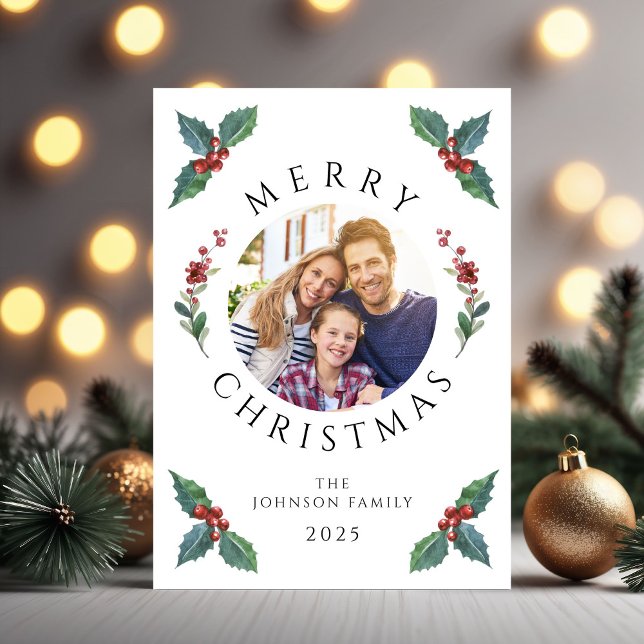 Festive Holly Botanical Greenery Photo Christmas Holiday Card (Festive Holly Botanical Greenery Photo Christmas Holiday Card)