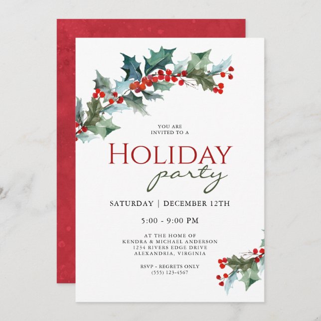 Festive Holly Botanical Holiday Party Invitation (Front/Back)