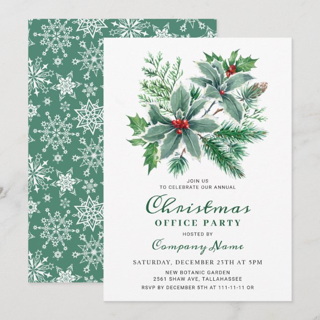 Festive Holly Christmas Corporate Holiday Party Invitation (Front/Back)