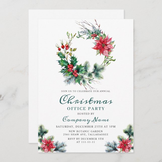 Festive Holly Christmas Corporate Holiday Party Invitation (Front/Back)