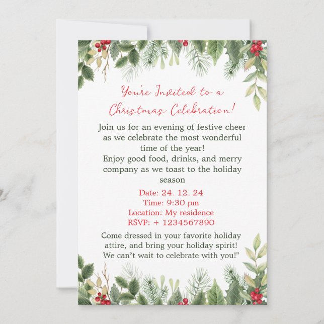 Festive Holly Christmas invitation (Front)