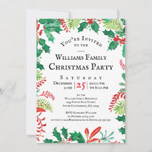 Festive Holly Christmas Red Green Party Invitation