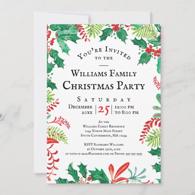 Festive Holly Christmas Red Green Party Invitation (Front)