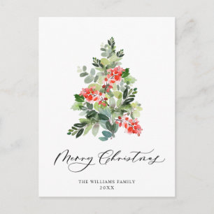 Festive Holly Christmas Tree Greeting Holiday Postcard