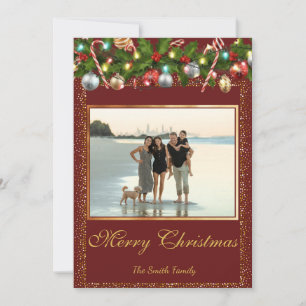 Festive Holly Garland   Gold Glitter Photo Holiday Card