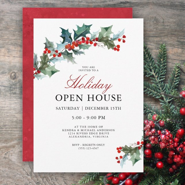 Festive Holly Holiday Open House Invitation (Creator Uploaded)