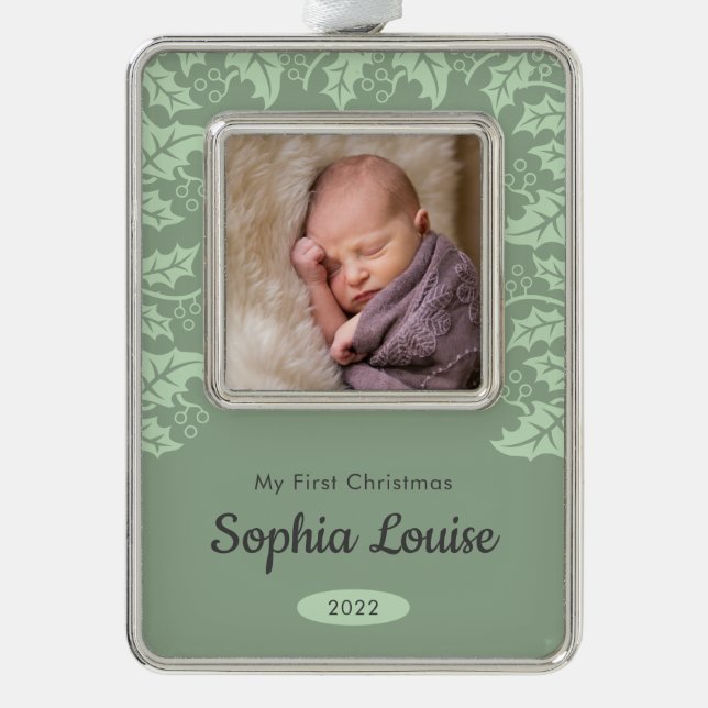 Festive Holly | My First Christmas Photo Silver Plated Framed Ornament (Front)