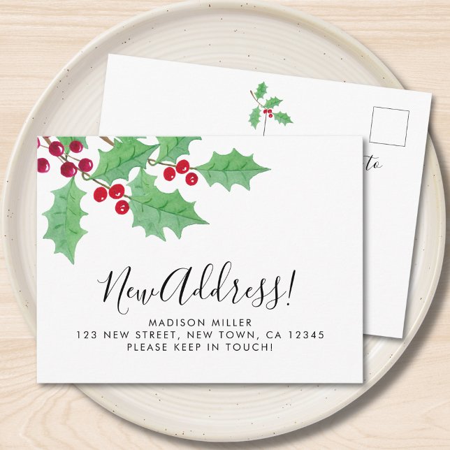 Festive Holly New Address Moving  Announcement Postcard (Creator Uploaded)
