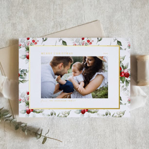 Festive Holly Pattern Merry Christmas Photo Foil Holiday Postcard