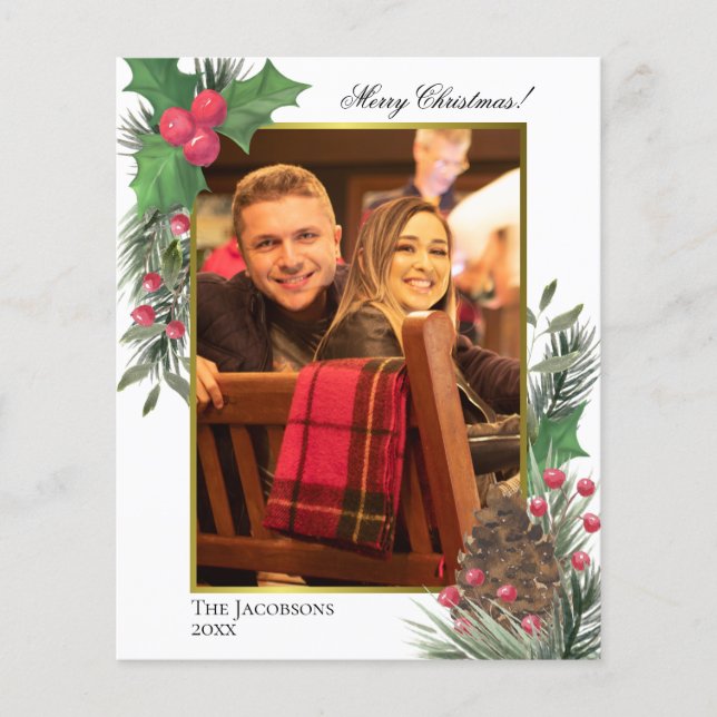 Festive Holly & Pine BUDGET Christmas Photo Card (Front)