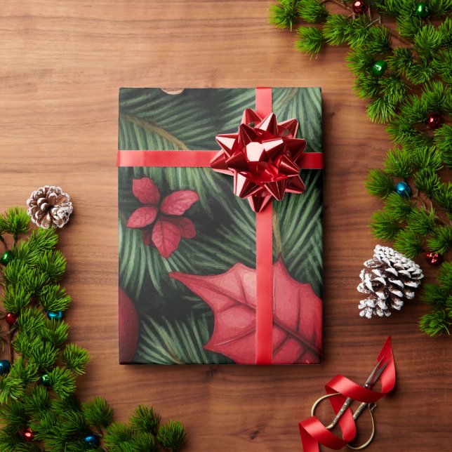 Festive Holly & Pine Christmas Wrapping Paper (Holiday Gift)