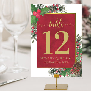 Festive Holly & Pine Elegant Christmas Wedding Table Number