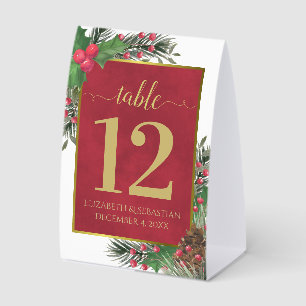 Festive Holly & Pine Elegant Wedding Table Number