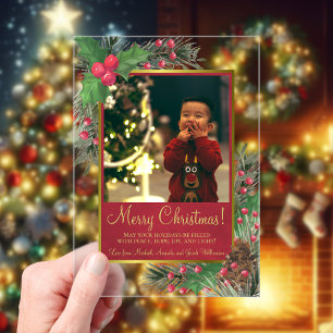 Festive Holly & Pine Merry Christmas Photo Card Acrylic Invitations