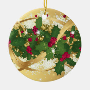 Festive Holly Ribbon — Elegant Christmas Design Ceramic Ornament