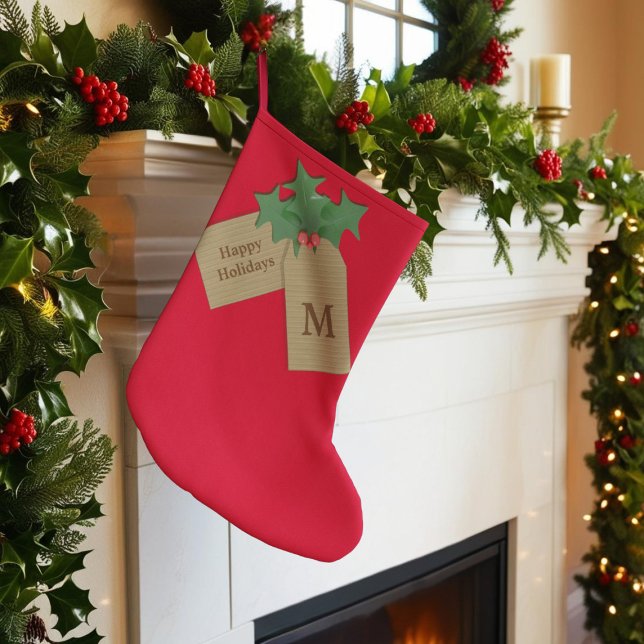 Festive Holly Sprig Red Monogrammed Happy Holidays Large Christmas Stocking (Happy Holidays! Just add your initial to this festive red Christmas Stocking)