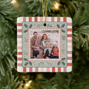 Festive Holly Stripes Family Christmas Ceramic Ornament