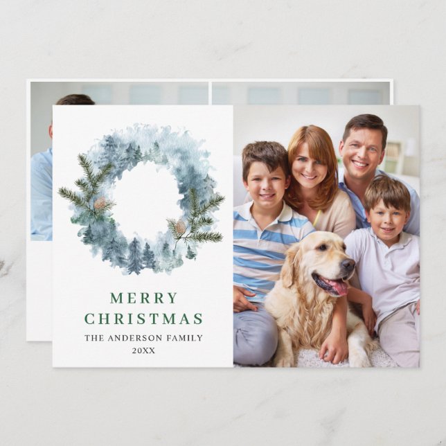 Festive Holly Wreath Christmas 3 PHOTO Greeting Holiday Card (Front/Back)