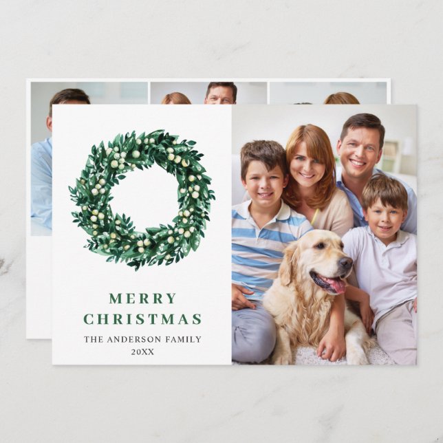 Festive Holly Wreath Christmas 4 PHOTO Greeting Holiday Card (Front/Back)