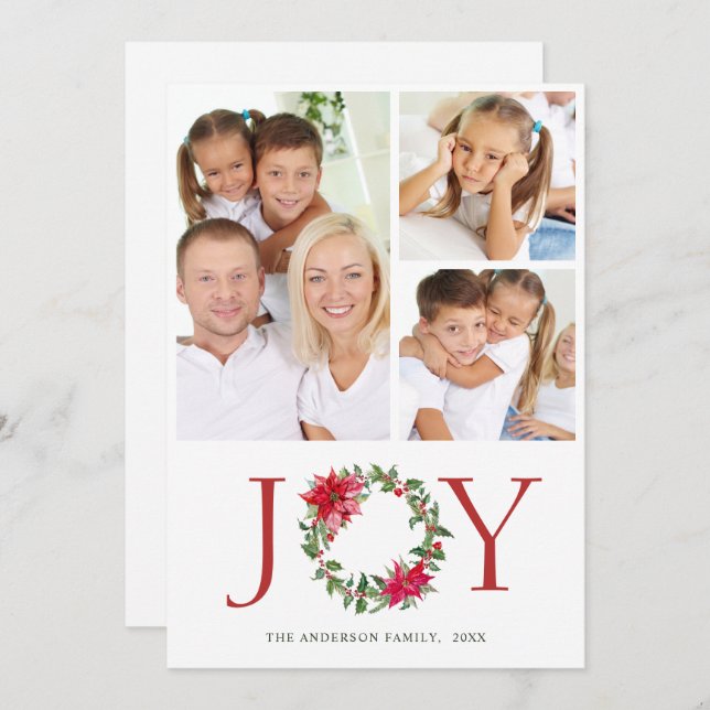 Festive Holly Wreath Christmas Greeting 3 PHOTO Holiday Card (Front/Back)