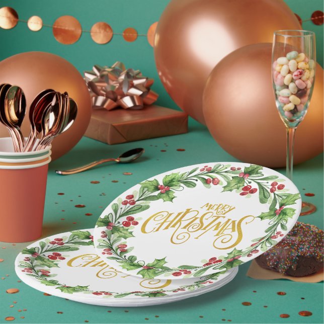 Festive Holly Wreath - Gold Foil Merry Christmas Paper Plate (Multi)