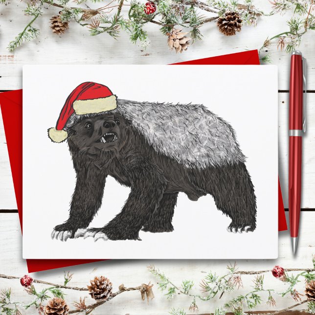 Festive Honey Badger Badass Santa Funny Christmas  Postcard (Christmas honey badger wearing a santa hat funny wild animal art holiday greetings postcard)