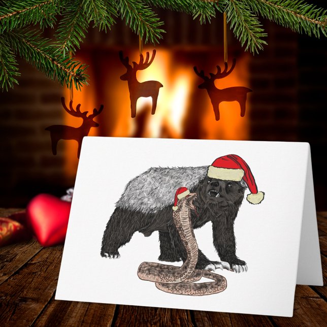 Festive Honey Badger Snake Funny Badass Christmas Card (Christmas honey badger wearing a Santa hat holiday greetings folded card)
