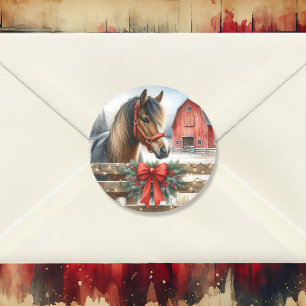 Festive Horse and Red Rustic Barn Christmas Classic Round Sticker